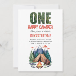 Modern One Happy Camper Woodland 1. Einladung