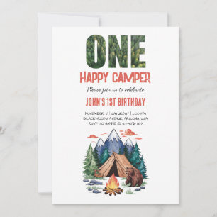 Modern One Happy Camper Woodland 1. Einladung