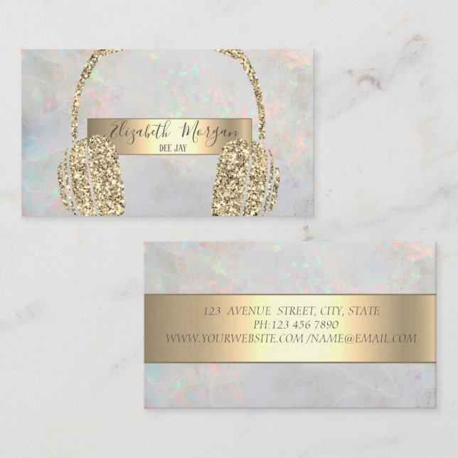Modern Opal Holographic Gold Glitzer Headphone DJ Visitenkarte (Vorne/Hinten)