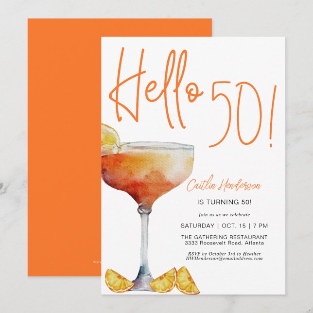 Modern Orange Hello 50 th Birthday Einladung (Vorne/Hinten)