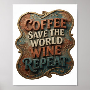 Modern Orange KAFFEE RETTE DIE WELT WEIN WIEDERHOL Poster