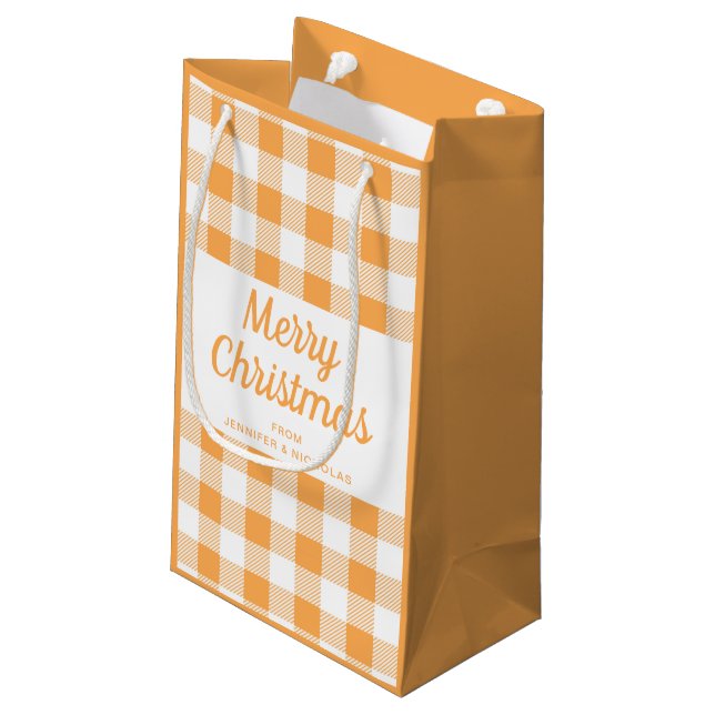 Modern Orange Karierte Weihnachten Kleine Geschenktüte (Rückseite Schrägansicht)