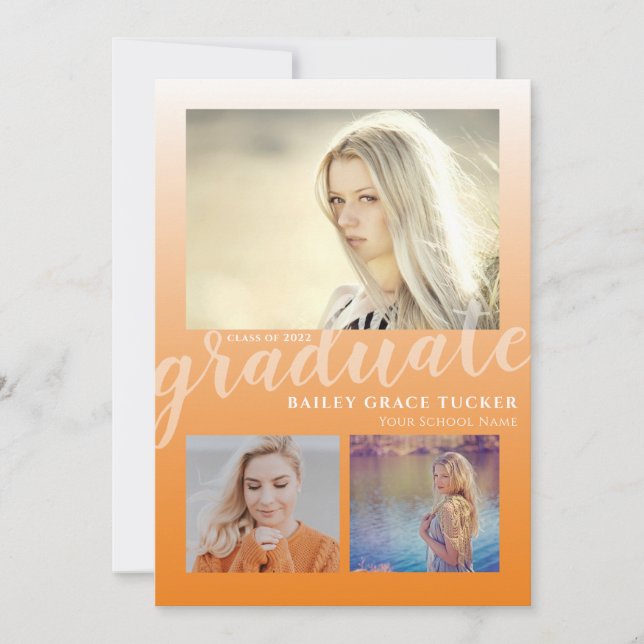 Modern Orange Ombre Graduate 3-Foto Abschluss Ankündigung (Vorderseite)