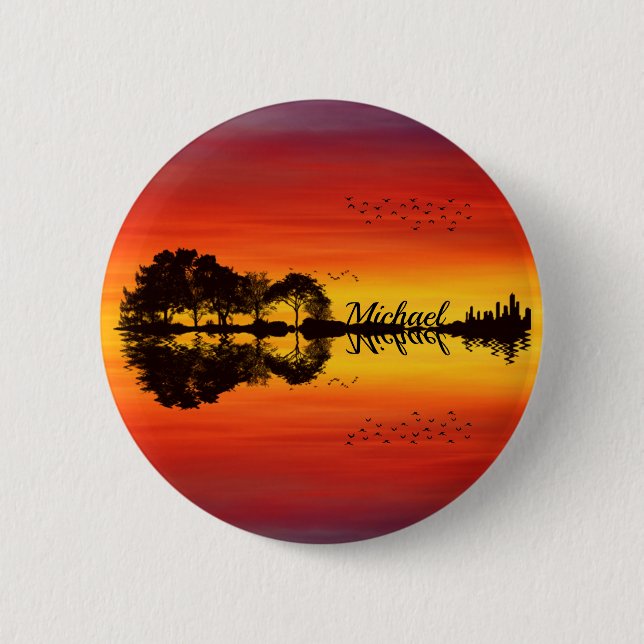 Modern Orange Sunset Guitarist Name Watercolor Button (Vorderseite)