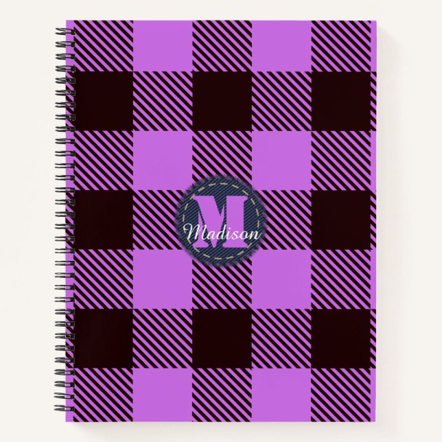 Modern Orchid Black Tartan Jeans Monogram Name Notizbuch (Vorderseite)