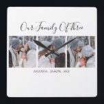 Modern Our Family Of Three | Photo Quadratische Wanduhr<br><div class="desc">Ths stylish modern 3 photo wall clock is the perfect gift for friends and family. The pillow features the text 'OUR FAMILY OF THREE AND THE FAMILY MEMBERS NAMES', plus 3 of your favorite family pictures. The text is all easily edited and the font styles, sizes and colors can be...</div>
