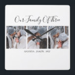 Modern Our Family Of Three | Photo Quadratische Wanduhr<br><div class="desc">Ths stylish modern 3 photo wall clock is the perfect gift for friends and family. The pillow features the text 'OUR FAMILY OF THREE AND THE FAMILY MEMBERS NAMES', plus 3 of your favorite family pictures. The text is all easily edited and the font styles, sizes and colors can be...</div>