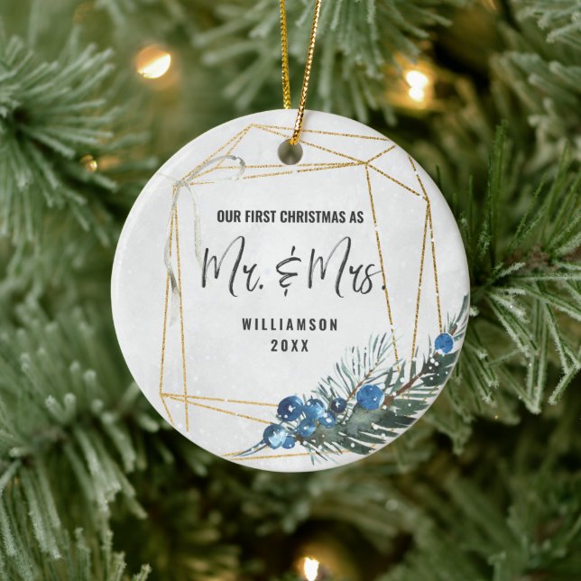 Modern Our First Christmas As Mr & Mrs Photo Keramik Ornament (Baum)