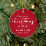 Modern Our First Christmas Mr and Mrs Photo Keramik Ornament<br><div class="desc">Our first Christmas as Mr. and Mrs. in calligraphy script and modern typography overlay on gray ornament. On the back of the ornament is your favorite photo. Makes a perfect gift for family and friends. Message me if you need assistance or have any special requests.</div>