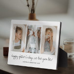 Modern Overlay Dad Family Photo Fotoplatte<br><div class="desc">Modern father photo plaque featuring 3 family pictures for you to replace with your own,  with the word "DAD" in a faded overlay,  a personalized message,  and the kids names.</div>