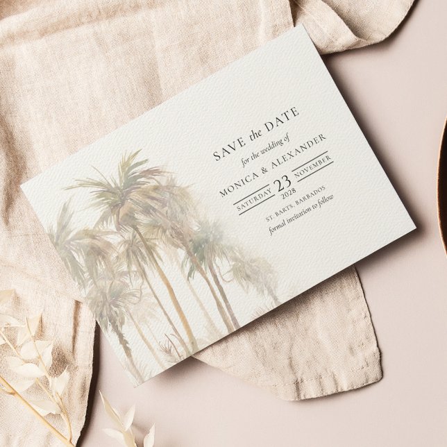 Modern Palmbaume Typografie Save the Date (Wedding Save the Date Palm Trees Coastal Destination Announcement Card)