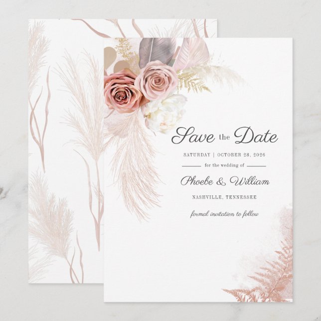 Modern Pampas Grass Floral Script Terracotta auf d Save The Date (Vorne/Hinten)