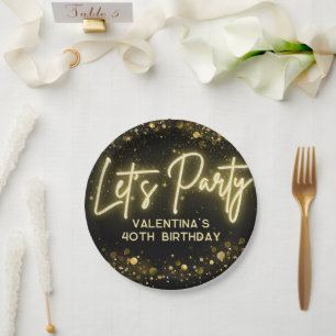 Modern Party Schwarz und goldenes Neonglühen Pappteller