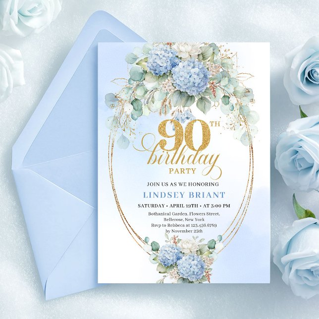 Modern Pastel Blue Floral Gold 90th Birthday Card Einladung (Modern Pastel Blue Floral Gold 90th Birthday Card)