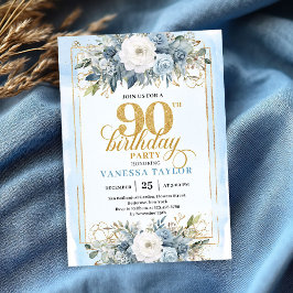 Modern pastel blue gold design 90th birthday invit einladung