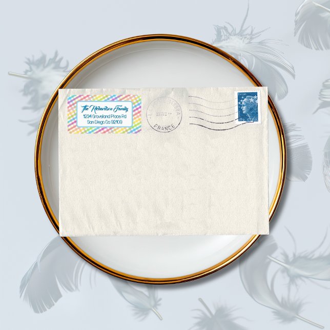 Modern Pastel Gingham Rainbow Baby Shower Party Adressaufkleber (Von Creator hochgeladen)