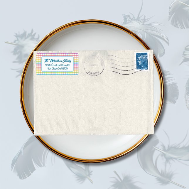 Modern Pastel Gingham Rainbow Baby Shower Party Adressaufkleber (Von Creator hochgeladen)