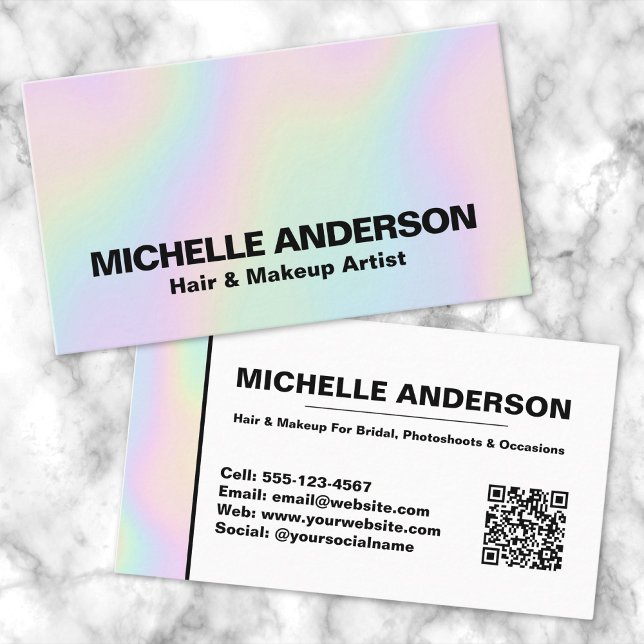 Modern Pastel Holographic Makeup Artist Visitenkarte (Modern Pastel Holographic Makeup Artist Business Card)