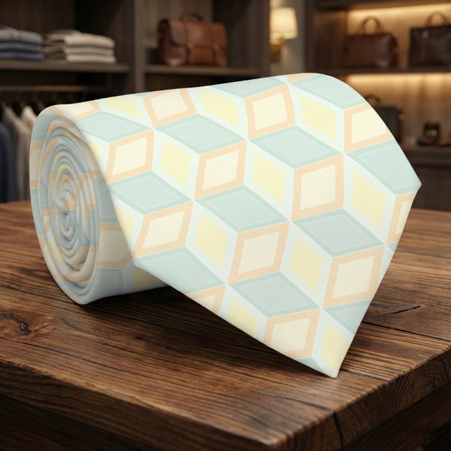 Modern Pastel Mint Green Peach Geometric 3D Cube Krawatte (Von Creator hochgeladen)