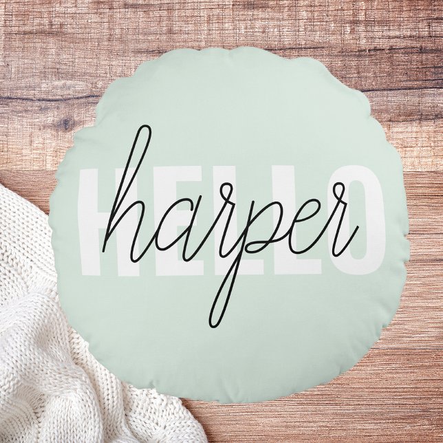 Modern Pastel Minze hallo, und du nennst Rundes Kissen (Von Creator hochgeladen)