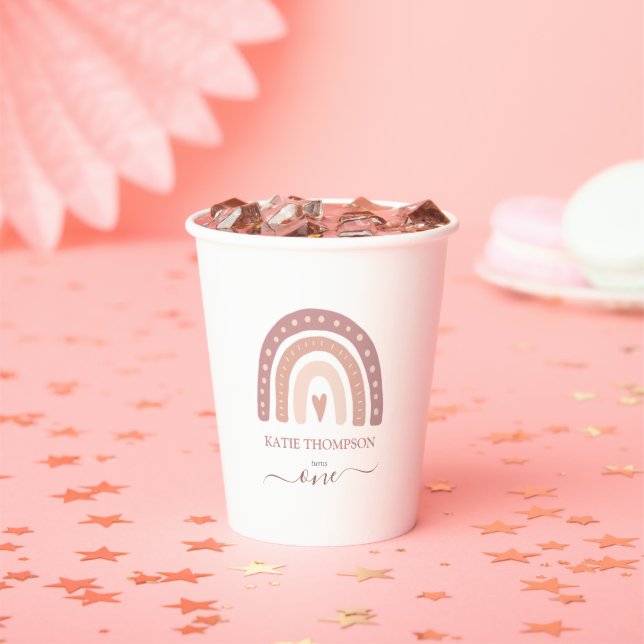 Modern Pastel Pink Rainbow Boho Erster Geburtstag Pappbecher (Insitu)