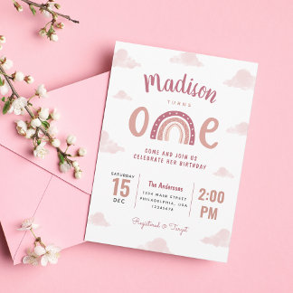 Modern Pastel Pink Rainbow Wolken Erster Geburtsta Einladung