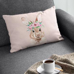 Modern Pastel Pink Watercolor Bunny With Flowers Dekokissen