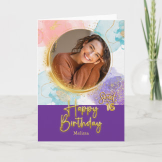 Modern Pastel Sweet 16 Photo & Name Birthday Karte