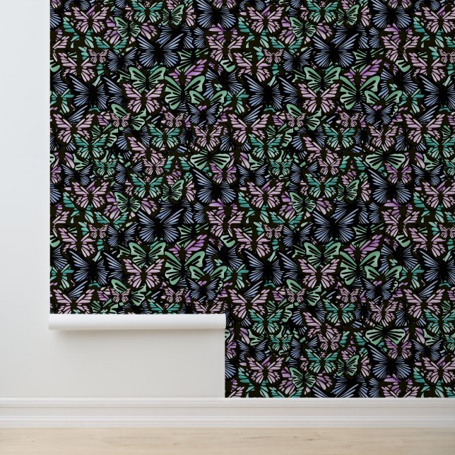Modern, pastellrosa und grün, schwarz, Schmetterli Tapete (Anwendung)