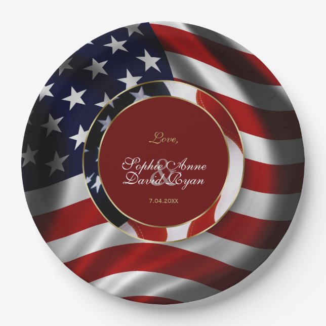 Modern Patriotic Elegante USA Flag Gold Wedding Pappteller (Vorderseite)