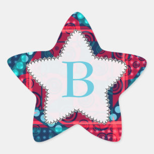 Modern Pattern Monogram Blue Red Star Aufkleber
