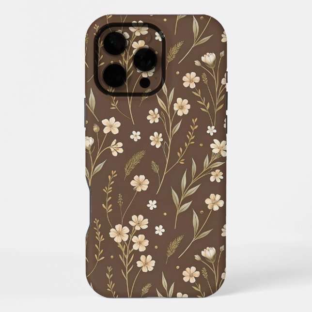 Modern Pattern Wildflowers Brown Background iPhone 16 Pro Max Hülle (Rückseite)