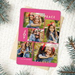 Modern Peace Joy Love Custom Color Collage  Folien Feiertagskarte<br><div class="desc">This stylish five photo collage Christmas card features modern typography reading, PEACE, JOY, and LOVE in real gold foil over a bright pink background (the color can be customized to any color you'd like). The back of the card contains a matching faux foil Christmas trees pattern over a custom color...</div>