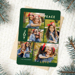 Modern Peace Joy Love Custom Color Collage  Folien Feiertagskarte<br><div class="desc">This stylish five photo collage Christmas card features modern typography reading, PEACE, JOY, and LOVE in real gold foil over a dark green background (the color can be customized to any color you'd like). The back of the card contains a matching faux foil Christmas trees pattern over a custom color...</div>