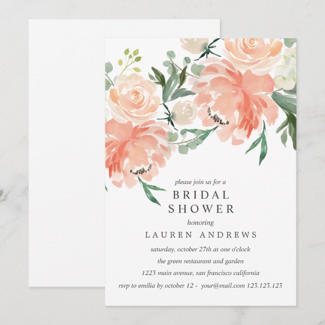 Modern Peach Coral Pink Bouquet Brautparty Inv Einladung (Vorne/Hinten)