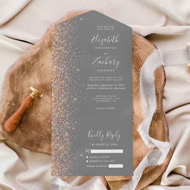 Modern Peach Glitter Gray Wedding All In One Einladung (Von Creator hochgeladen)