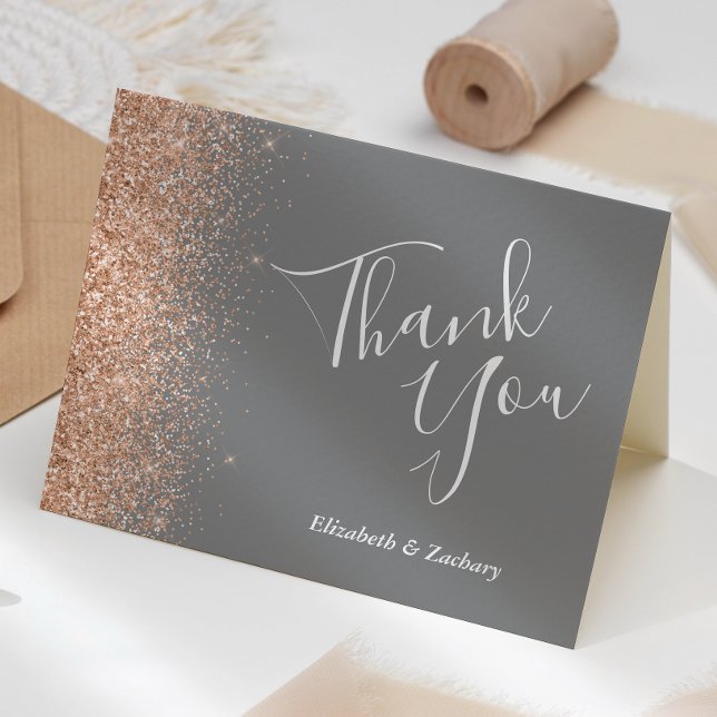 Modern Peach Glitzer Gray Wedding Vielen Dank Karte (Von Creator hochgeladen)