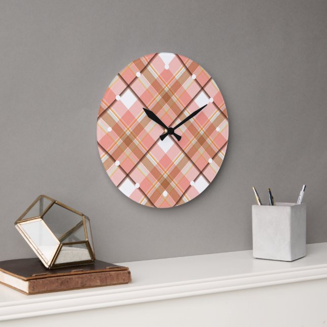 Modern Peach Red Orange White Brown Kariertes Must Große Wanduhr (Büro)