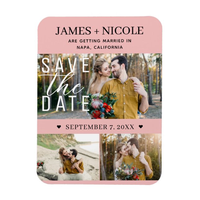 Modern Peachy Pink Save the Date Hochzeit 3 Fotos Magnet (Vertikal)