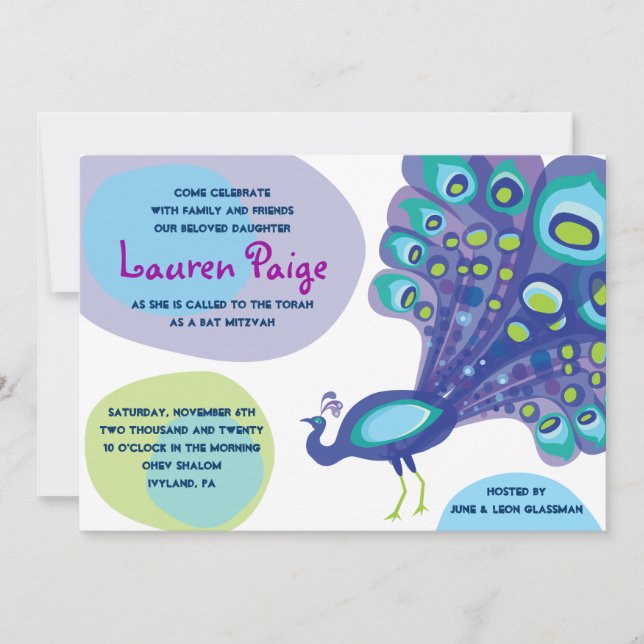 Modern Peacock Bar Bat Mitzvah Einladung (Vorderseite)