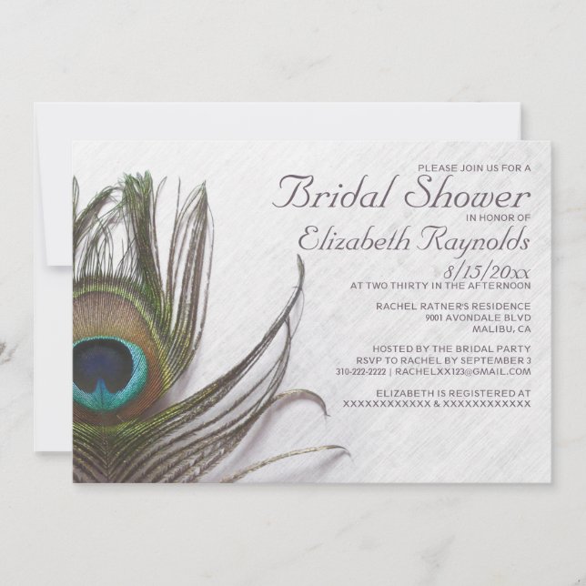 Modern Peacock Feathers Bridal Shower Invitations Einladung (Vorderseite)