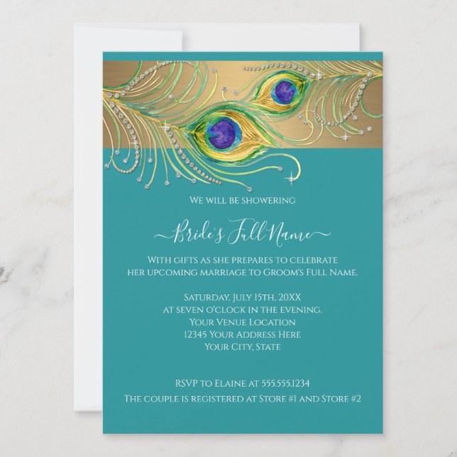 Modern Peacock Feathers Falsch Jewel Bridal Shower Einladung (Vorderseite)