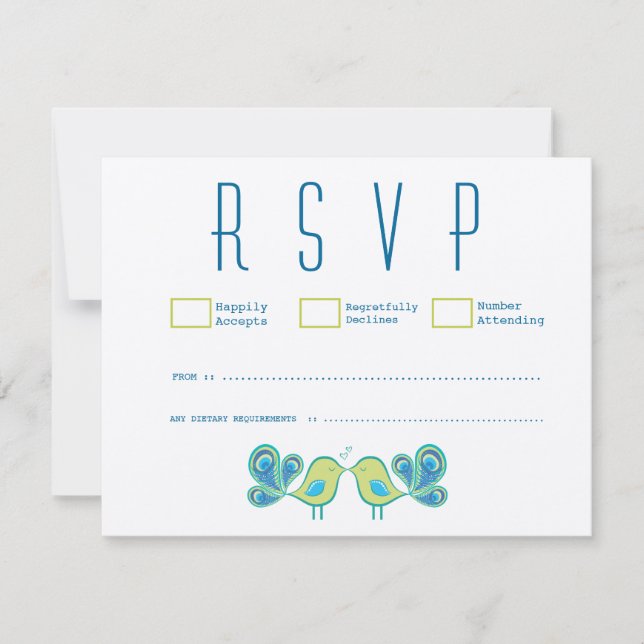 Modern Peacock Love Birds Wedding RSVP Cards (Vorderseite)