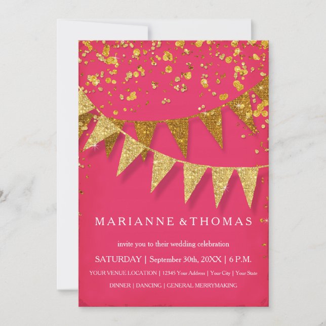 Modern Pennant Banner GoldGlitter Confetti Pink Einladung (Vorderseite)