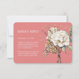 Modern Peony & Hydrangea Coral Pink Wedding RSVP Karte