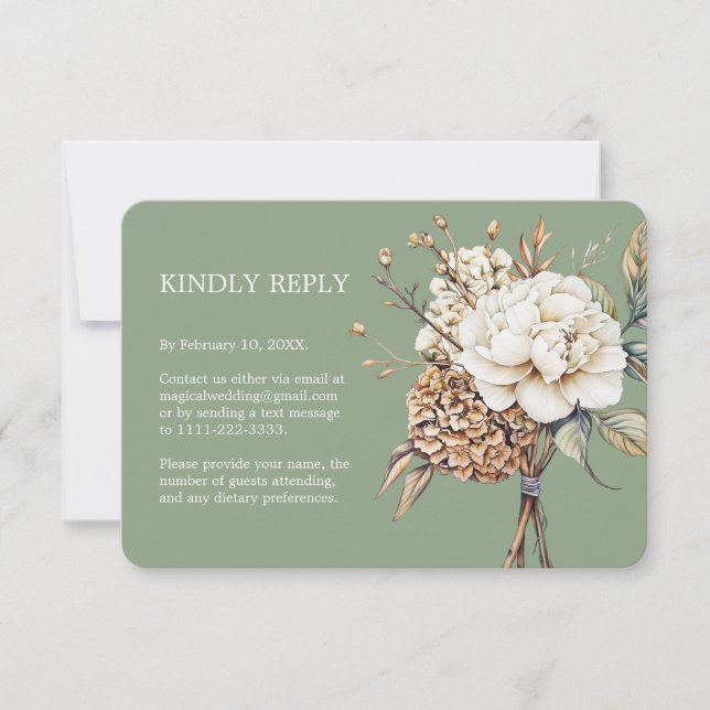 Modern Peony & Hydrangea Grüne Hochzeit RSVP Karte (Vorderseite)