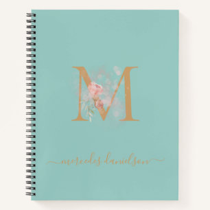 Modern Peppermint Green Floral Gold Mit Monogramm Notizbuch