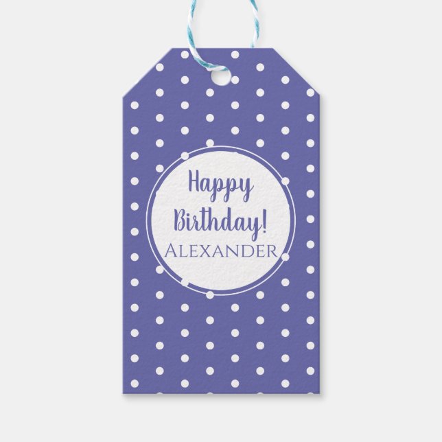 Modern Periwinkle Polka Dots Name Happy Birthday Geschenkanhänger (Vorderseite)