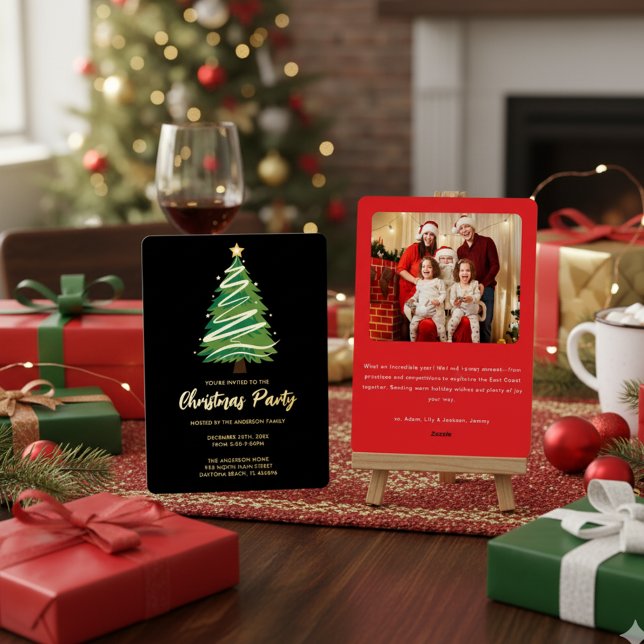 Modern Personalize Gold Red Green Tree Christmas  Folieneinladung (Von Creator hochgeladen)