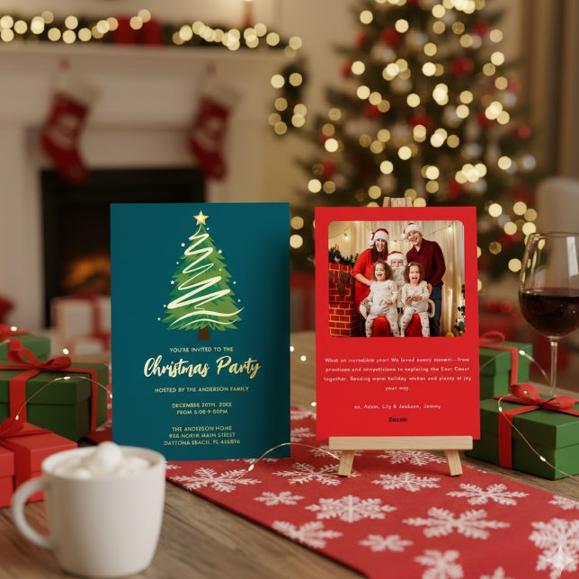 Modern Personalize Gold Red Green Tree Christmas  Folieneinladung (Von Creator hochgeladen)